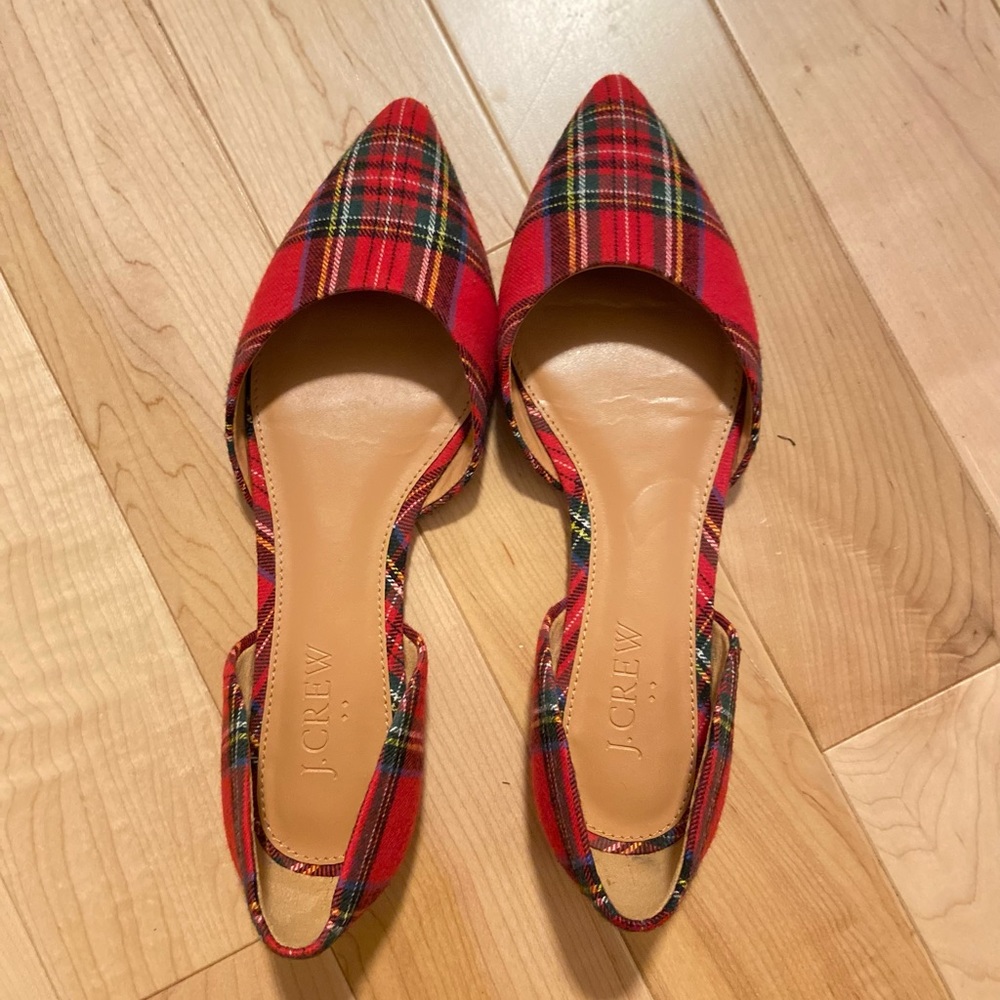 New in box J.Crew Factory red tartan plaid d’orsay flats size 5